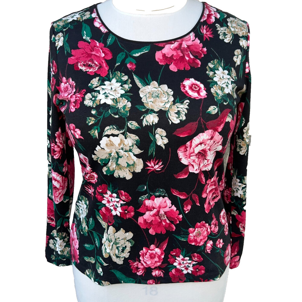 Karen Scott Knit Top NWOT Women's L Black Pink Floral Boat Neck Long Sleeve